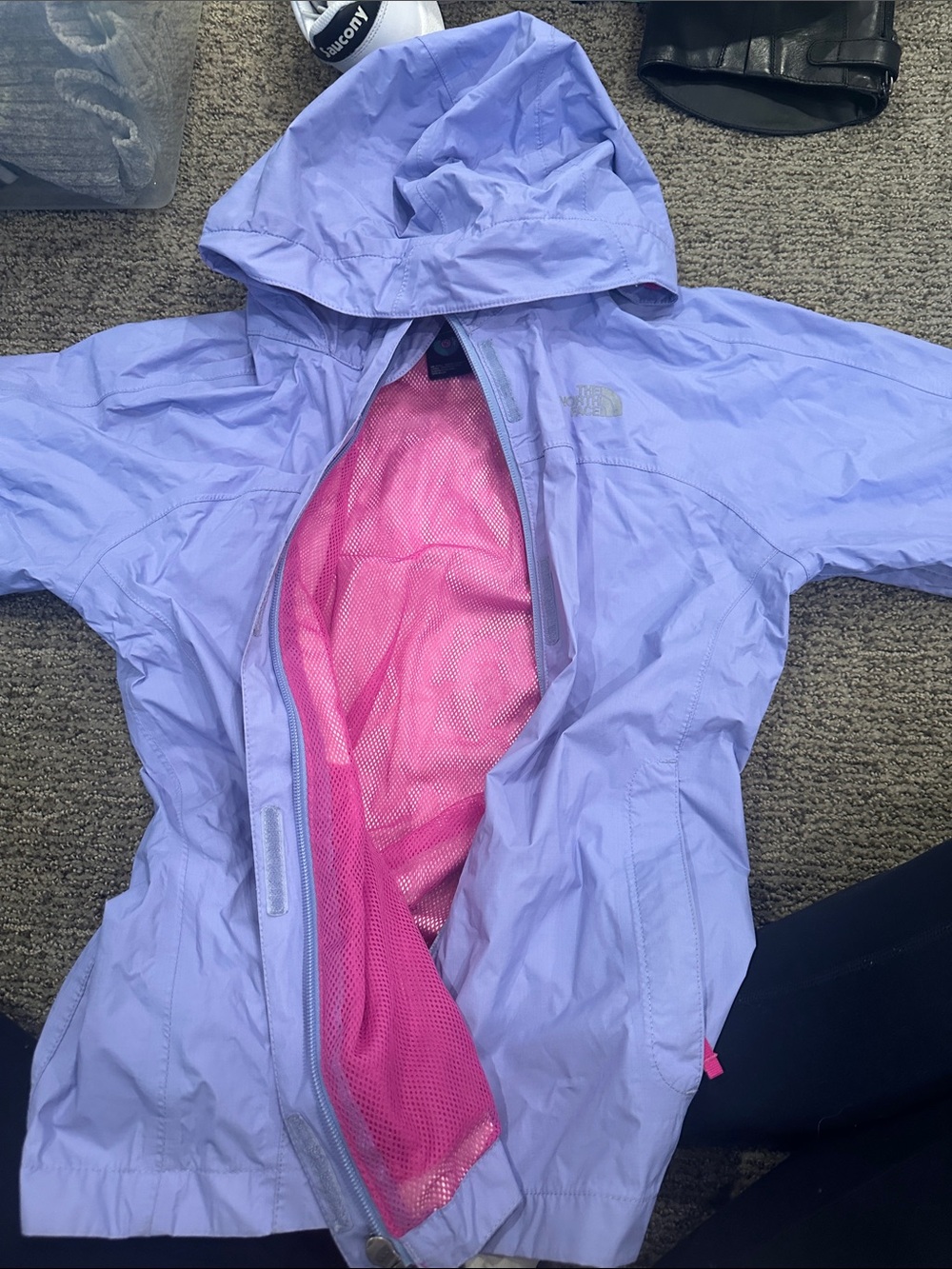 The North Face Lavender Hooded Kids Rain Jacket with Pink Mesh Lining